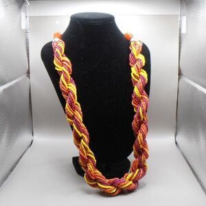 VTG 33" Hand-Beaded Braided Rope Necklace in Sunset Orange, Yellow & Plum